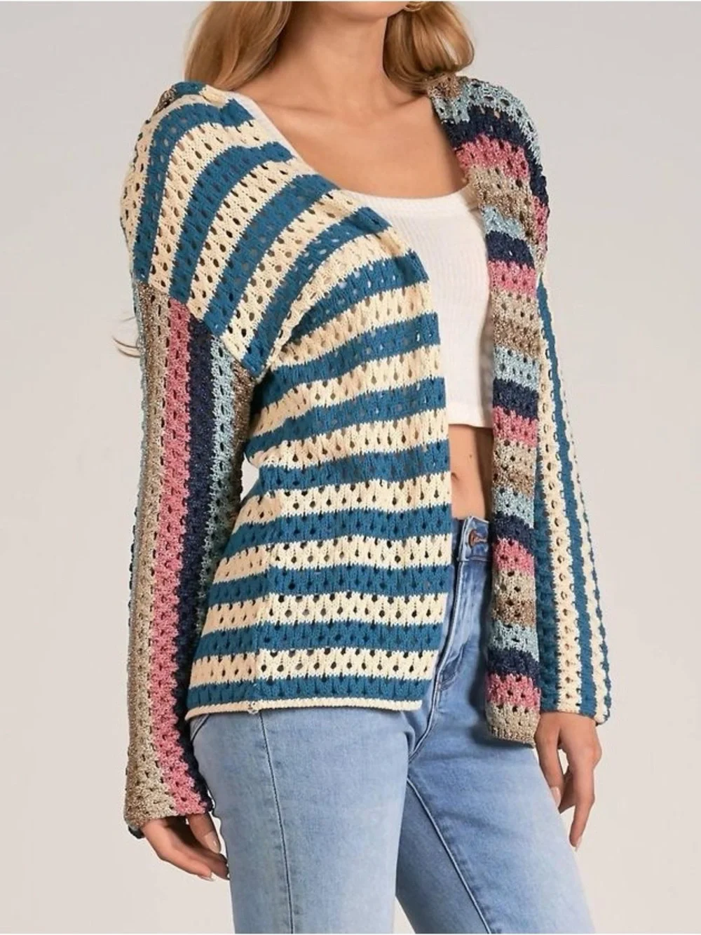 Elan Crochet Sweater Cardigan Sz L Metallic Hooded Hippie Boho Open Front Cozy